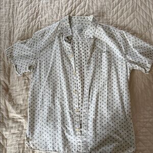 All Saints White Short-Sleeve Button-Down Shirt with Blue Micro Print